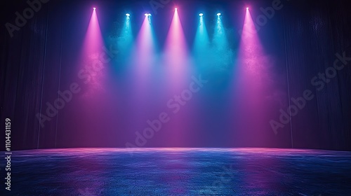 A stage illuminated with vibrant purple and blue lights  creating a dynamic and energetic atmosphere for the performance