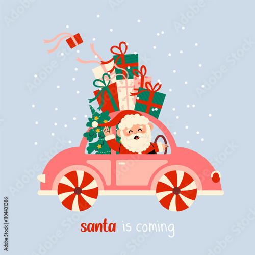 Flat vector Christmas card with Santa Claus in cute car with presents in children's style. Santa Claus waving his hand. Holiday illustration on white background. Xmas cards collection. 