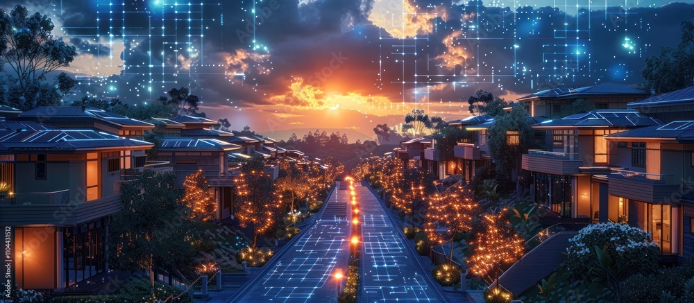 Fototapeta premium Picturesque twilight scene of a tranquil village with cozy glowing houses a quaint path leading over a bridge that reflects in the calm lake all surrounded by a dramatic sunset sky with clouds