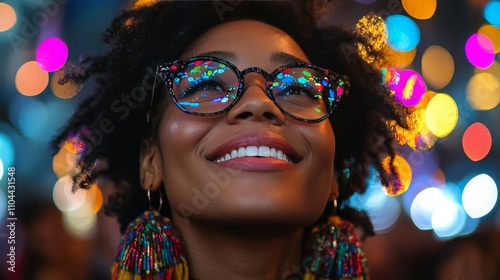 Joyful woman with colorful glasses smiling at festival lights