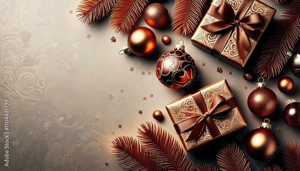 Christmas background with baubles, gifts and spruce branches in a shade of plum brown or cinnamon slate and gold Christmas background with baubles, gifts and spruce branches in a shade of plum brown or cinnamon slate and gold