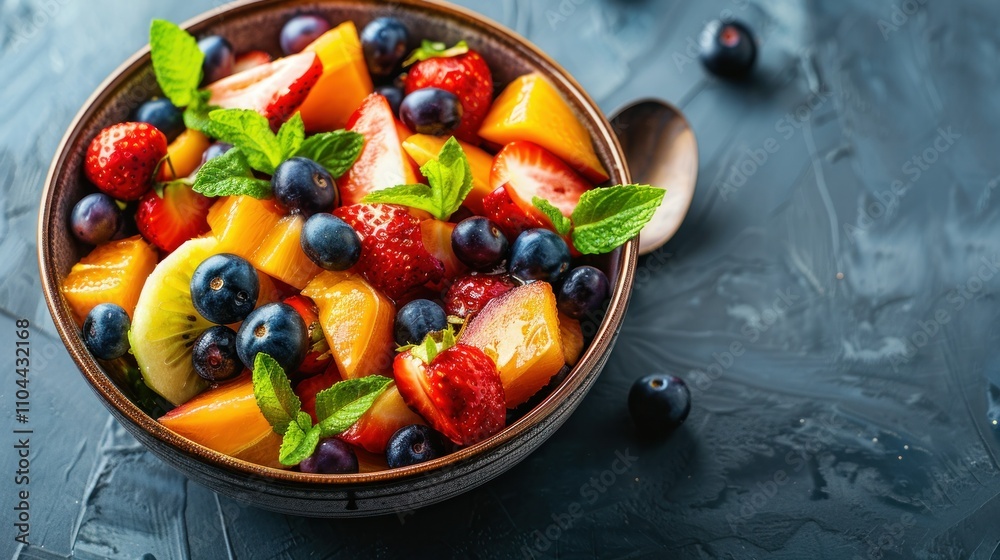 photograph of Fresh fruit salad to go with copy space. wide angle lens photograph of Fresh fruit salad to go with copy space. wide angle lens