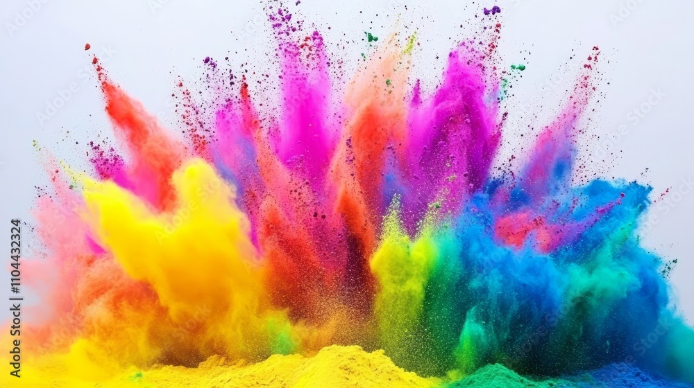 Vibrant explosion of holi paint powder in rainbow colors against a white background Vibrant explosion of holi paint powder in rainbow colors against a white background