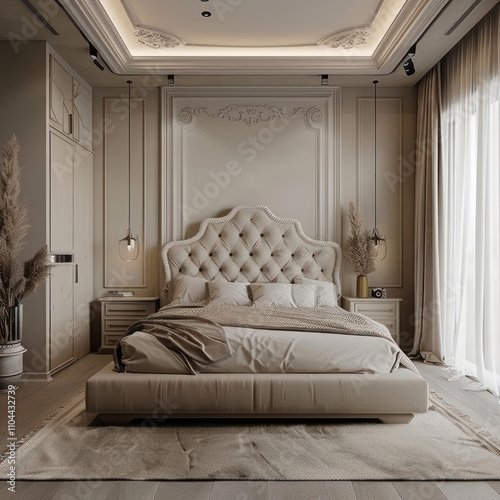 classic bedroom in neutral colors. In the center there is a large bed with a high headboard upholstered in beige leather and capitonné.  photo