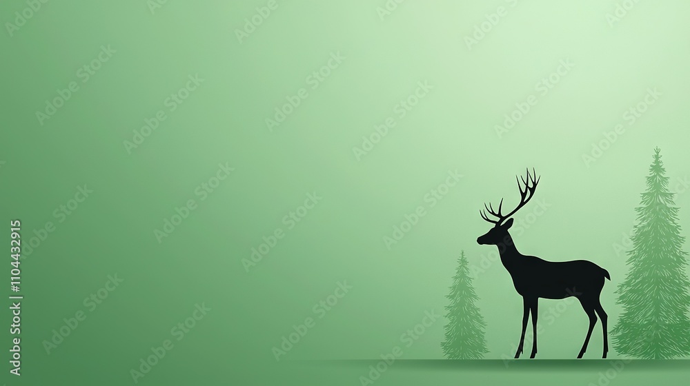 A deer stands alone on a foggy green background with tall pine trees in the distance A deer stands alone on a foggy green background with tall pine trees in the distance