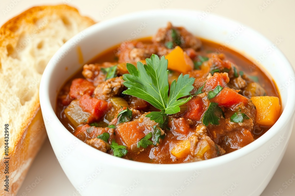 National Pepper Pot Day, pepper pot stew in a white bowl with a sprig of parsley, served with a side of warm bread, December 29 National Pepper Pot Day, pepper pot stew in a white bowl with a sprig of parsley, served with a side of warm bread, December 29