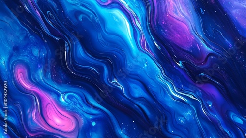 Futuristic abstract banner featuring wavy blue and purple liquid shapes with glowing retro waves