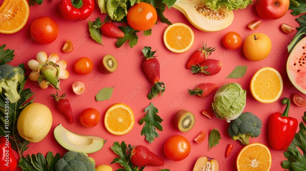 photograph of fresh vegtables and fruits on maple background, flatlay concept topview wide angle lens photograph of fresh vegtables and fruits on maple background, flatlay concept topview wide angle lens