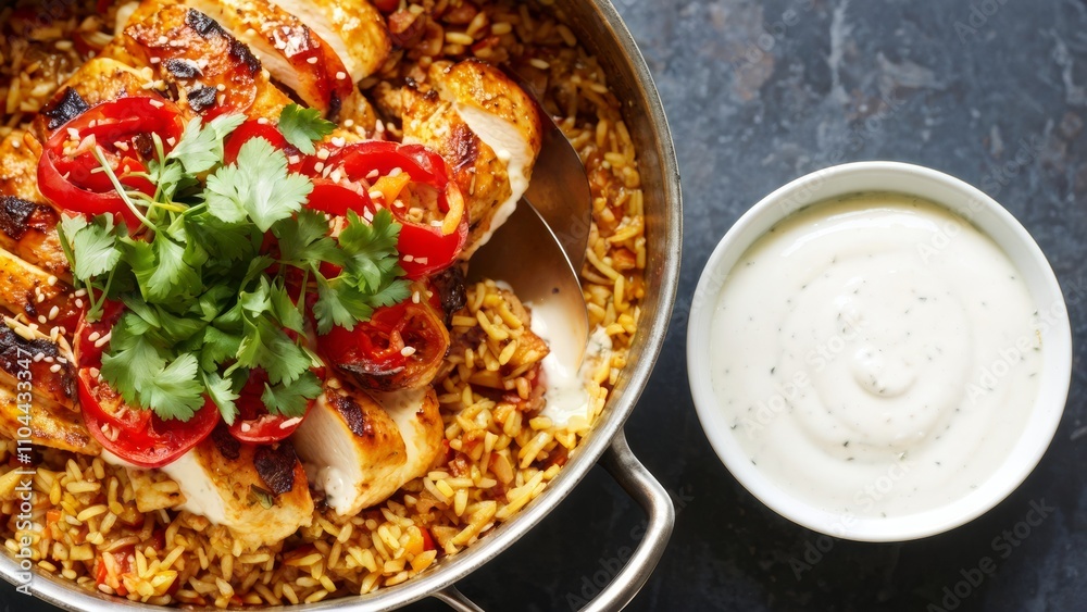 A dish with steamed brown rice, pieces of baked chicken, diced tomatoes, onions, sprinkled with coriander leaves and drizzled with creamy yogurt sauce. A dish with steamed brown rice, pieces of baked chicken, diced tomatoes, onions, sprinkled with coriander leaves and drizzled with creamy yogurt sauce.