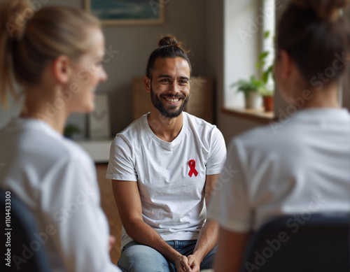 Smiling man in white with red ribbon at HIV AIDS support group meeting