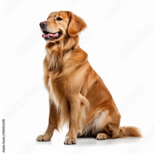 A cheerful golden retriever sits proudly, showcasing its shiny coat and friendly demeanor.