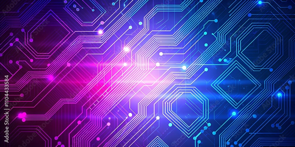  A futuristic digital circuit board with glowing blue and purple neon lights, representing technology and innovation.