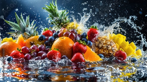 photograph of Fruit and water splashing together. Assortment of colorful ripe tropical fruits. Organic fruits. Fruit explosion. Fruits such as oranges, lemons, strawberries, 