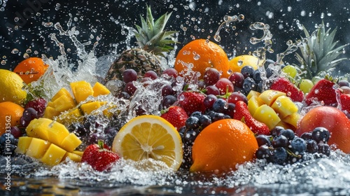 photograph of Fruit and water splashing together. Assortment of colorful ripe tropical fruits. Organic fruits. Fruit explosion. Fruits such as oranges, lemons, strawberries, 