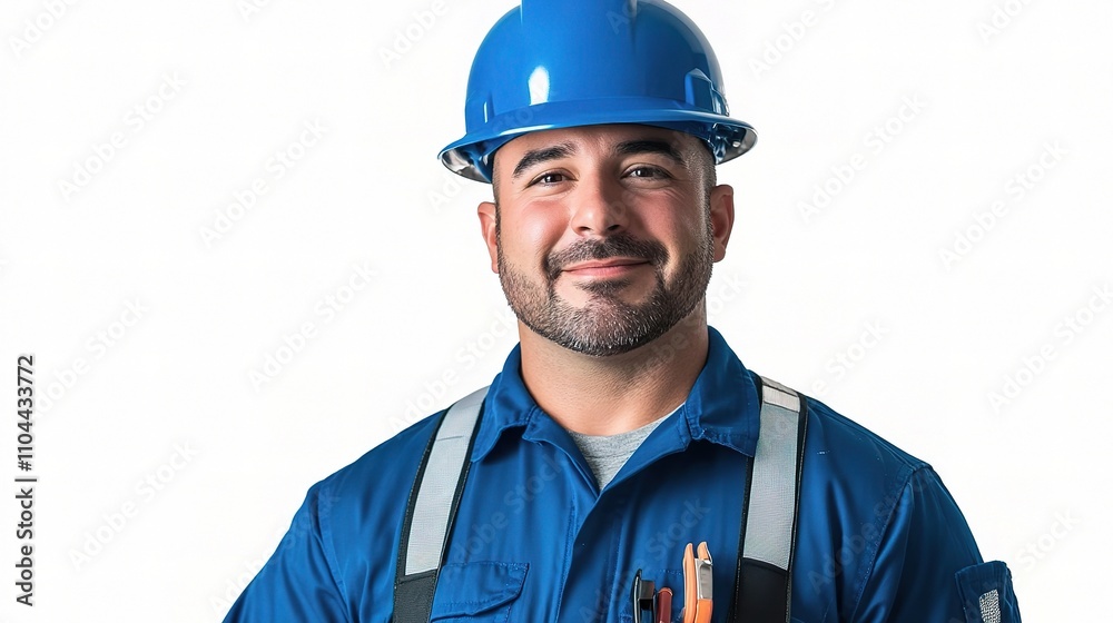 Confident Male Construction Worker in Blue Hard Hat and Uniform Confident Male Construction Worker in Blue Hard Hat and Uniform