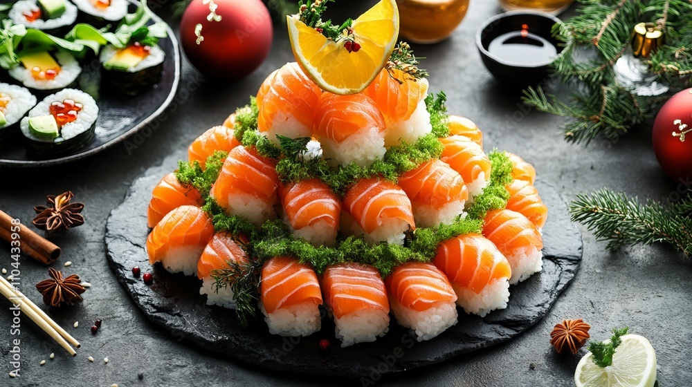 A creative Christmas tree made from sushi, perfect for a Japanese restaurant. This edible tree is a great way to celebrate the holidays with a unique and delicious dish. Top view with copyspace A creative Christmas tree made from sushi, perfect for a Japanese restaurant. This edible tree is a great way to celebrate the holidays with a unique and delicious dish. Top view with copyspace