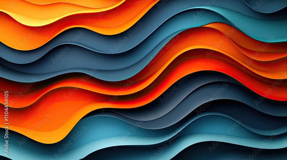 This is an abstract illustration featuring a fluid pattern of overlapping waves in a colorful gradient of orange, teal, and navy blue, ideal for backgrounds or graphic design This is an abstract illustration featuring a fluid pattern of overlapping waves in a colorful gradient of orange, teal, and navy blue, ideal for backgrounds or graphic design