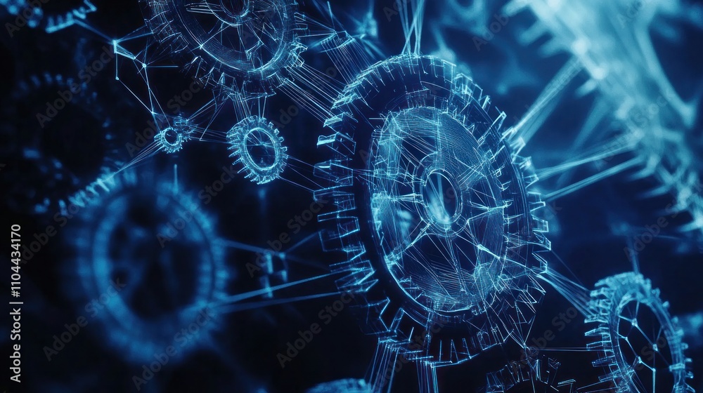 Obraz premium Low-poly blue cogwheels paired with an upward-trending graph, symbolizing progress.