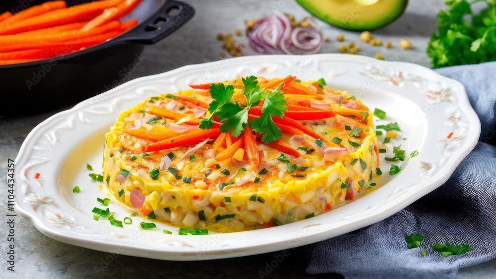 Tuna frittata on a glossy ceramic plate, decorated with strips of bright red pepper, thin grated carrots, finely chopped onions and sprinkled with fresh parsley. Tuna frittata on a glossy ceramic plate, decorated with strips of bright red pepper, thin grated carrots, finely chopped onions and sprinkled with fresh parsley.