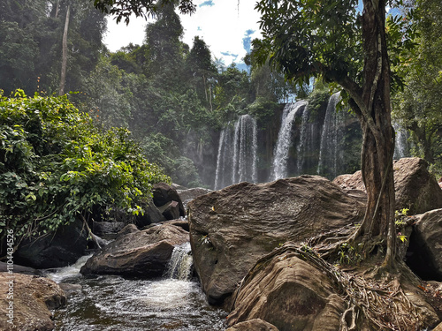 Waterfalls Cascading in Phnom Kulen’s Wilderness, Phnom Kulen, Cambodia
