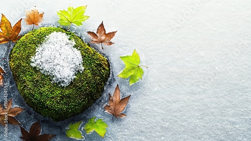   Mossy boulder on snow-covered earth with a white snowcap