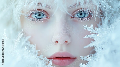 Close up portrait of a young woman with pale skin against a snowy winter background