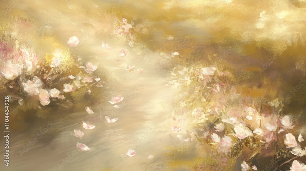 Fototapeta premium An ethereal, dreamlike scene of a river made entirely of delicate drifting petals, flowing through soft pastel tones of pink, white, and yellow. The petals seem to glow faintly as they float on a calm