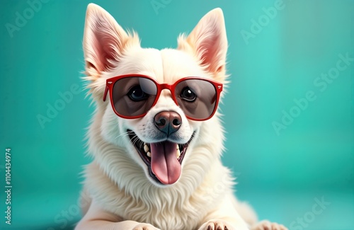 Adorable white dog wears trendy red sunglasses. Playful portrait of pet. Dog looks happy, cheerful. Close-up view of animal face, fur. Summer vacation theme. Pet fashion, accessories concept. Dog photo