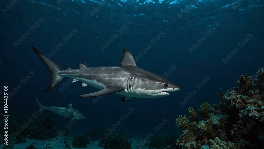 Obraz premium Closeup of a thresher shark swimming in the deep blue waters of the Visayan Sea, Philippines.