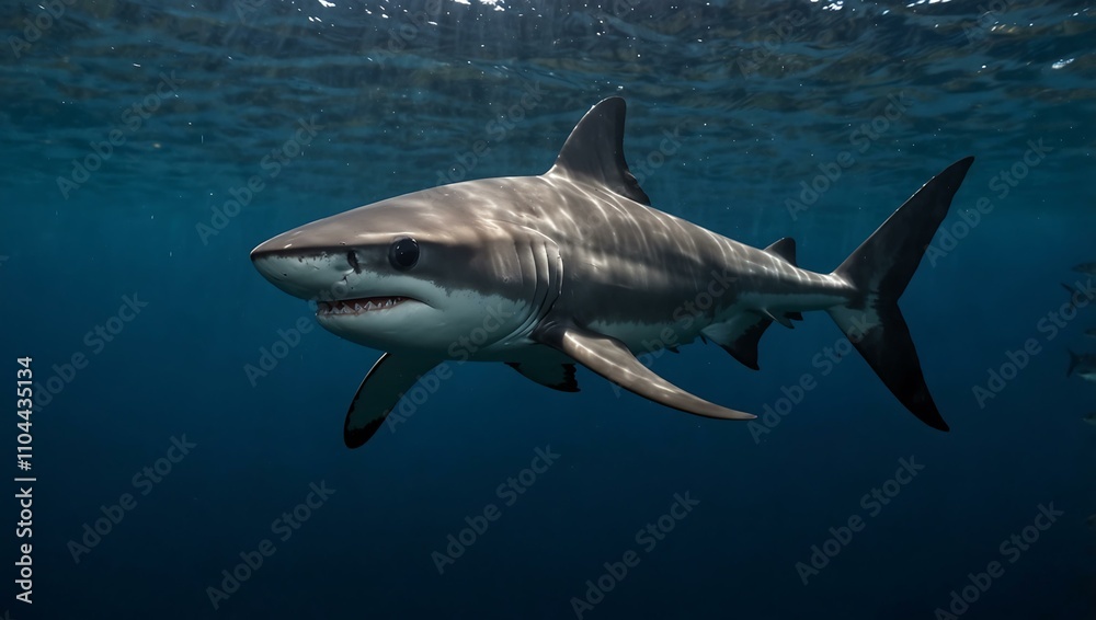 Fototapeta premium Closeup of a thresher shark swimming in the deep blue waters of the Visayan Sea, Philippines.