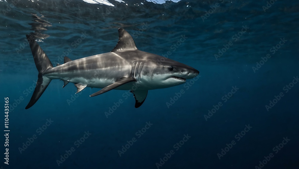 Fototapeta premium Closeup of a thresher shark swimming in the deep blue waters of the Visayan Sea, Philippines.
