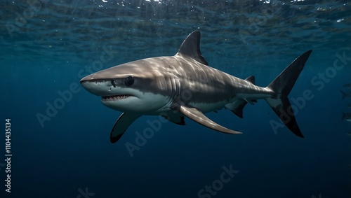 Closeup of a thresher shark swimming in the deep blue waters of the Visayan Sea, Philippines. photo