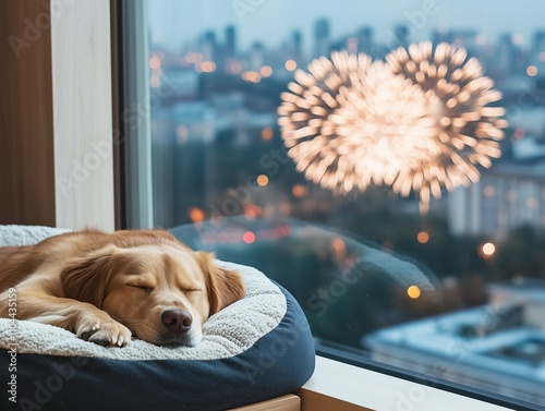  photography of a brown dog sleeping calmly in its dogbed even though there are fireworks outside