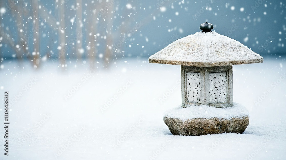 A snow-covered field features a lone lantern resting atop a snow mound A snow-covered field features a lone lantern resting atop a snow mound