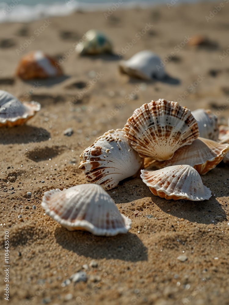 Close-up of seashells on a sandy beach under a cloudy sky. Close-up of seashells on a sandy beach under a cloudy sky.