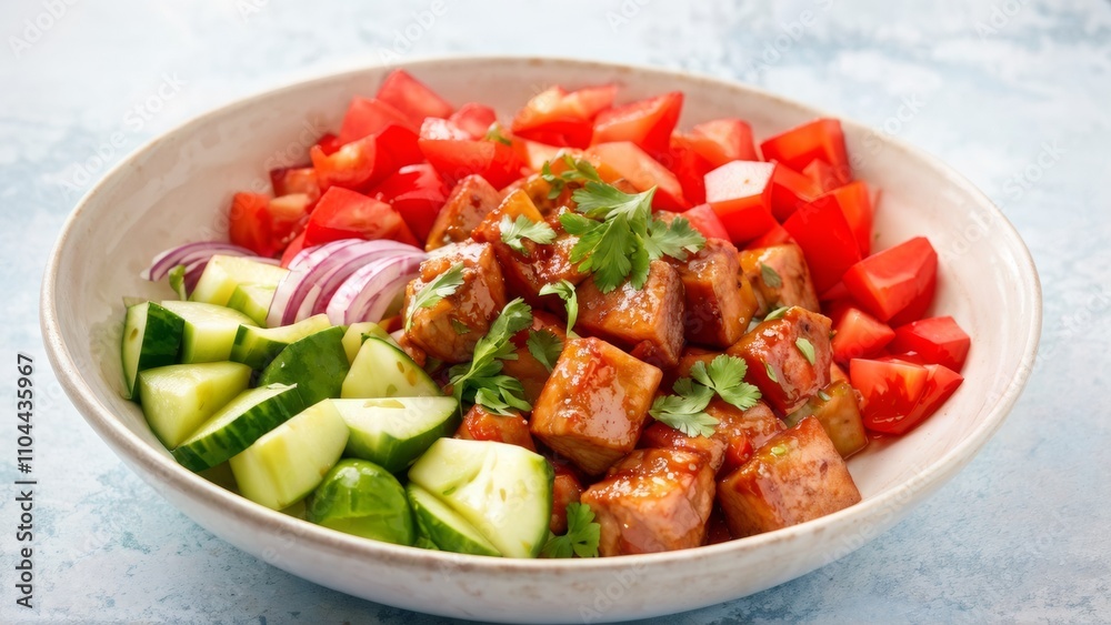 A dish filled with grilled pork slices in sweet and sour sauce, complemented with tomatoes, cucumber slices and finely chopped red onion, delicately sprinkled with spicy paprika, green apple slices. A dish filled with grilled pork slices in sweet and sour sauce, complemented with tomatoes, cucumber slices and finely chopped red onion, delicately sprinkled with spicy paprika, green apple slices.