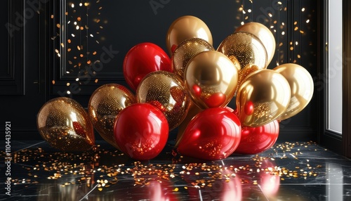 Festive cluster of red and gold balloons with glitter and confetti on dark background photo