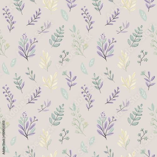 Pastel floral pattern with hand-drawn leaves and branches