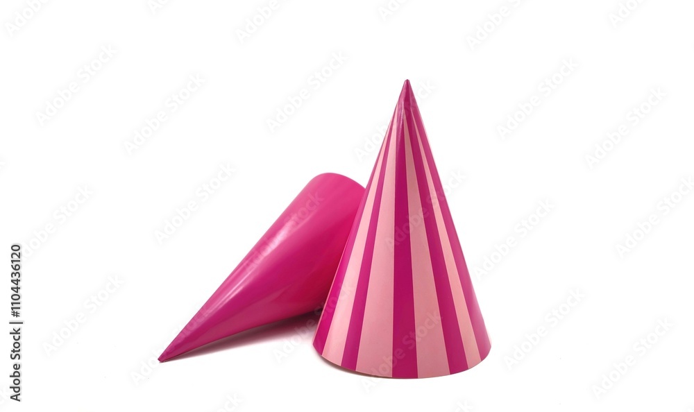 Photo of pink party hats, featuring one with bold stripes and another in a plain design. Both are cone-shaped, made of glossy paper, and isolated on a white background. Photo of pink party hats, featuring one with bold stripes and another in a plain design. Both are cone-shaped, made of glossy paper, and isolated on a white background.