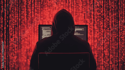 Cybercrime, hacker and thinking at computer for virus, overlay and futuristic at desk. Male criminal, hoodie and ready for coding, cyber attack and programming for malware with tech, scam and data