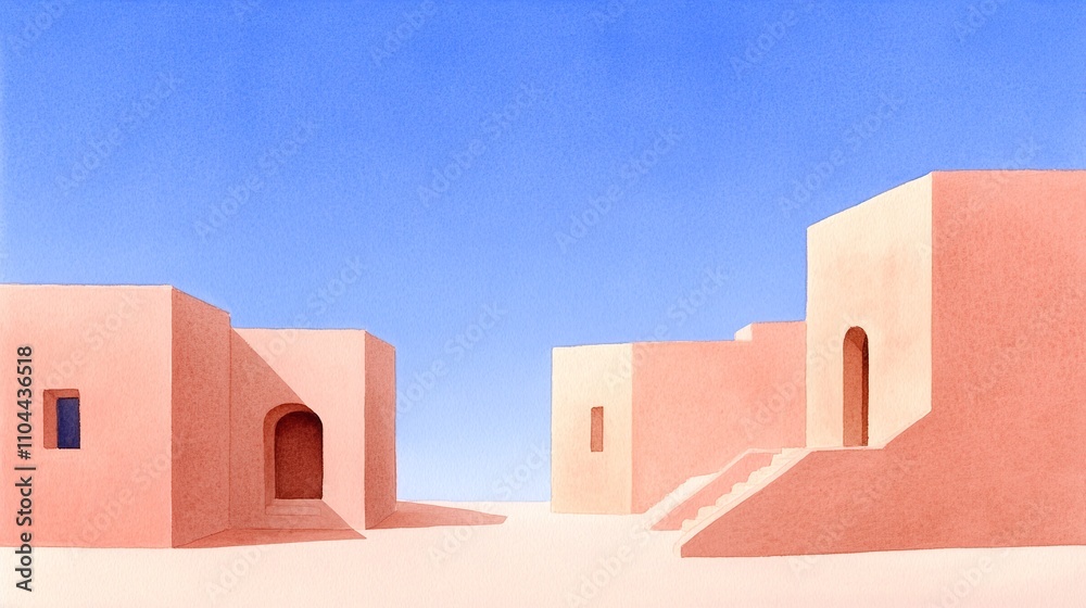 Minimalistic desert architecture, orange clay houses, blue sky, stairs and arched doorways, serene atmosphere, tranquil rural scene, traditional adobe design, copy space for text


