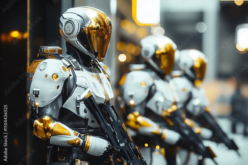 White-armored figures with intricate gold designs, futuristic royal attire, sci-fi ambiance White-armored figures with intricate gold designs, futuristic royal attire, sci-fi ambiance