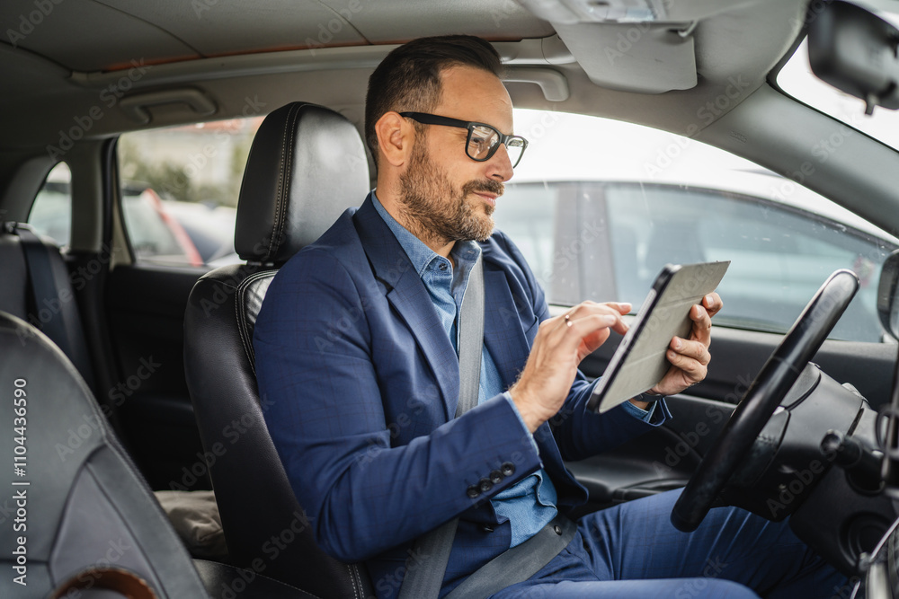 Adult businessman sit in the car and use digital tablet before go Adult businessman sit in the car and use digital tablet before go