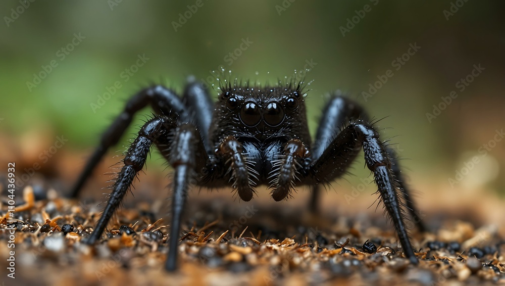 Close-up of Sydney funnel-web spider with bokeh effect.