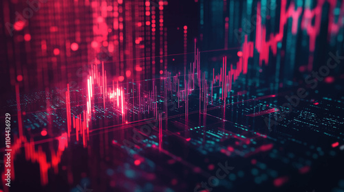 A chart of stock market crypto candlesticks on a dark blue background. A chart with purple blue neon candlesticks. Analysis of investment trading in the field of cryptocurrencies