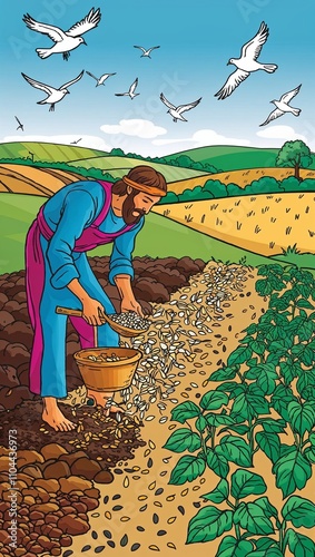 Jesus' parable of sower drawing Illustrated sower scattering seeds in vibrant fields.