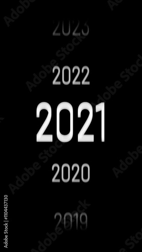 The years counter counts down the years to 2025. Vertical video with white digits on black background. New Year 2025 concept. 3D animation.