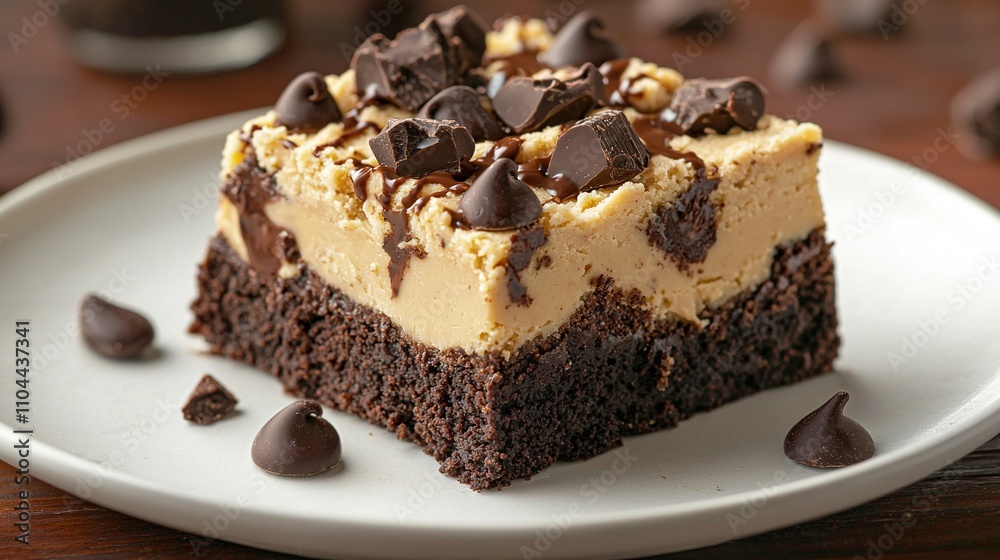 A macro shot of a slice of cake on a platter with chocolate chunks scattered around it, alongside a steaming mug of coffee A macro shot of a slice of cake on a platter with chocolate chunks scattered around it, alongside a steaming mug of coffee