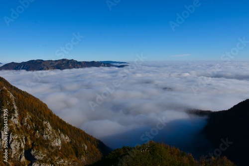 Cloud covered landscape bello Krvavec and Velika Planina in Slovenia