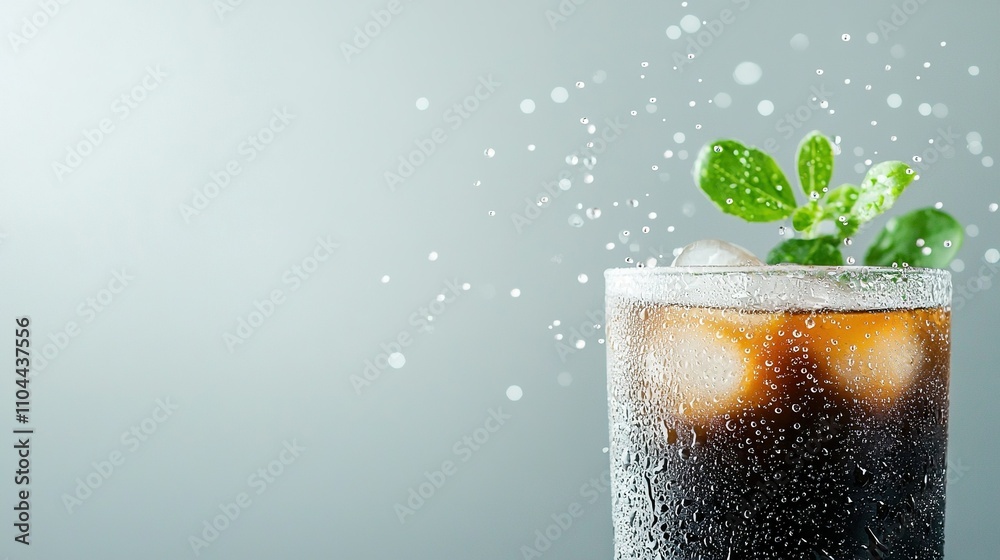 A close-up of a drink in a glass with ice and a sprig of mint on top A close-up of a drink in a glass with ice and a sprig of mint on top